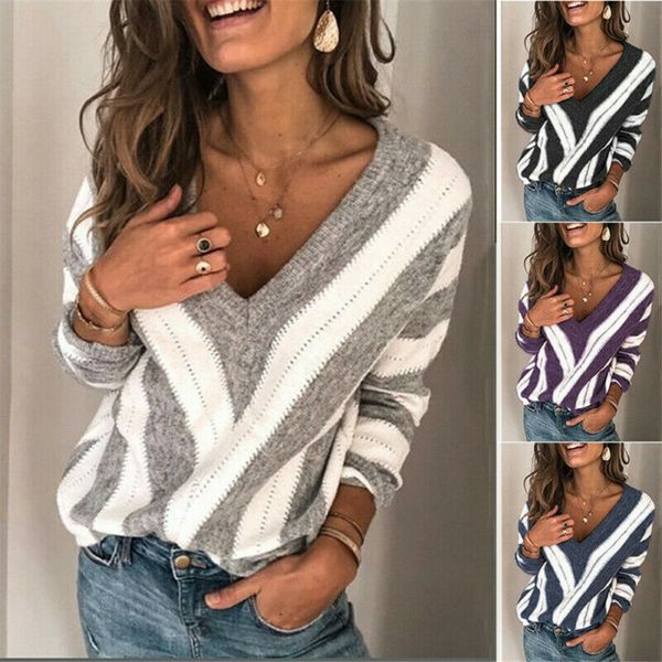 

minimalist fashion korean style knitting solid casual new 2020 autumn winter women's striped blouses v-neck, White;black