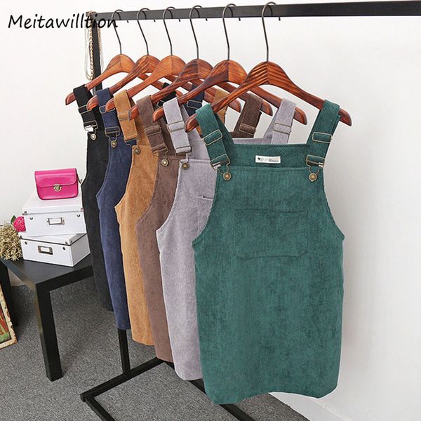 

2019 women retro corduroy dress autumn spring suspender sundress sarafan loose vest overall dress female natural casual dresses, Black;gray