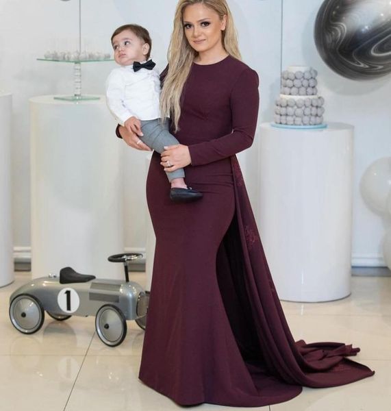 

mermaid evening dresses jewel neck long sleeve evening gowns mermaid saudi arabic formal party dresses with detachable train, Black;red