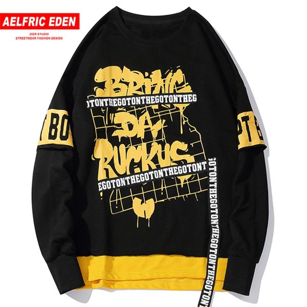 

aelfric eden hip hop letter printed ribbons mens sweatshirts 2019 streetwear fashion harajuku casual cotton oversized pullovers, Black