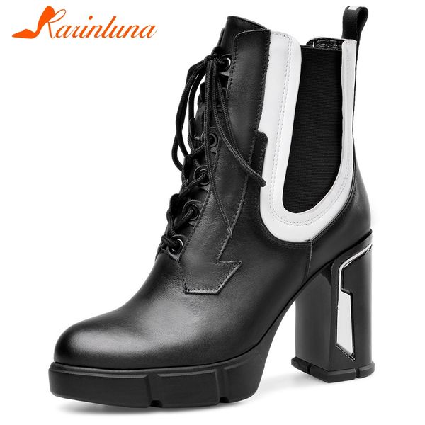

karin new concise 33-43 genuine leather ankle boots women 2019 platform booties ladies high heels shoes woman, Black