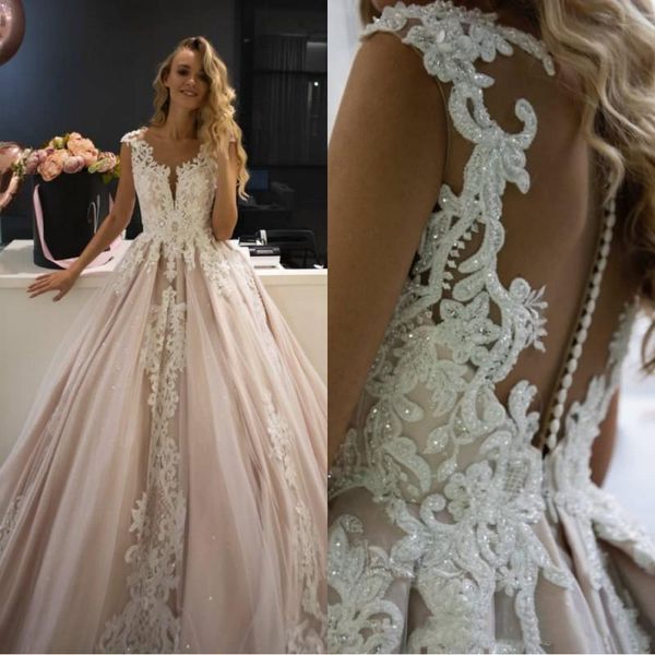 

vestidos elegant jewel a line lace applique sequins beaded covered button sweep train custom made pleats wedding dress bridal wedding gown, White
