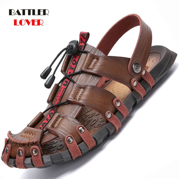 

new casual men soft sandals comfortable men's summer genuine leather sandals mens roman rubber outdoor beach size 38-47, Black
