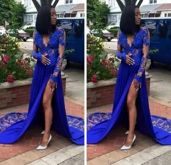 

2018 Appliques Plus Size Prom Dresses Front Split Royal Blue Deep V Neck Pageant dresses long formal Evening Party Dresses