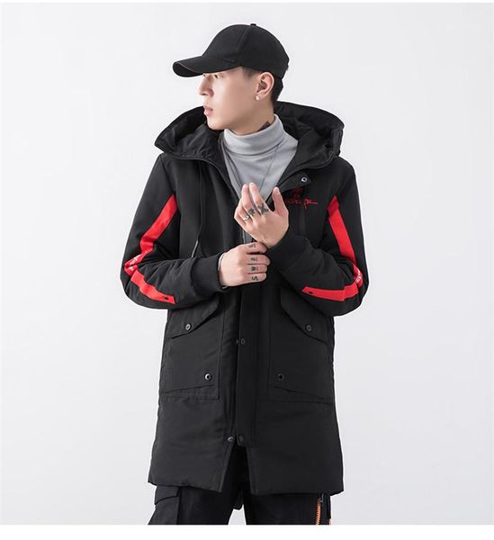 

fashion striped panelled thick winter jacket big pocket long sleeve casual clothes designer embroidery mens parkas, Black