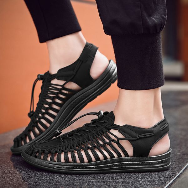 

large size 2020 summer sandals men's beach shoes woven couple sandals casual women sandals wholesale and retail, Black