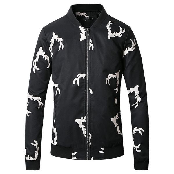 

jackets men 2018 autumn stand collar deer horn print casual zipper closure plus size long sleeve black men basball jacket, Black;brown