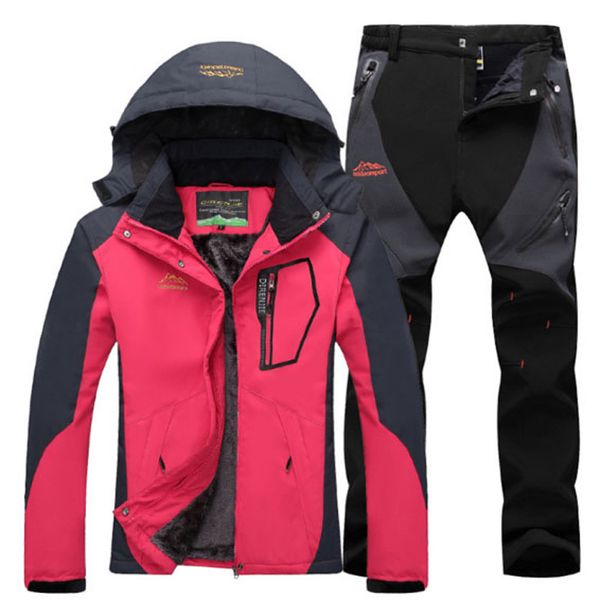 

winter jacket women hiking coat & hiking pants fleece liner thermal waterproof ski suit outdoor fishing hunting sports tracksuit, Blue;black