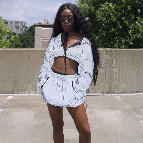 

women s designer 2 piece sets fashion reflective hooded women pieces sets autumn reflective hoodies short skirts zip pockets female sets, Gray