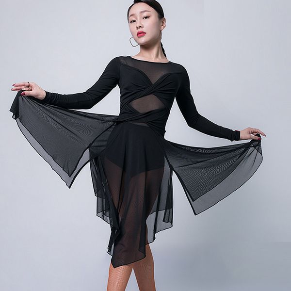 

women's ballroomo latin dance dress female long-sleeved perspective mesh dresses competition latino dance costume dl5190, Black;red