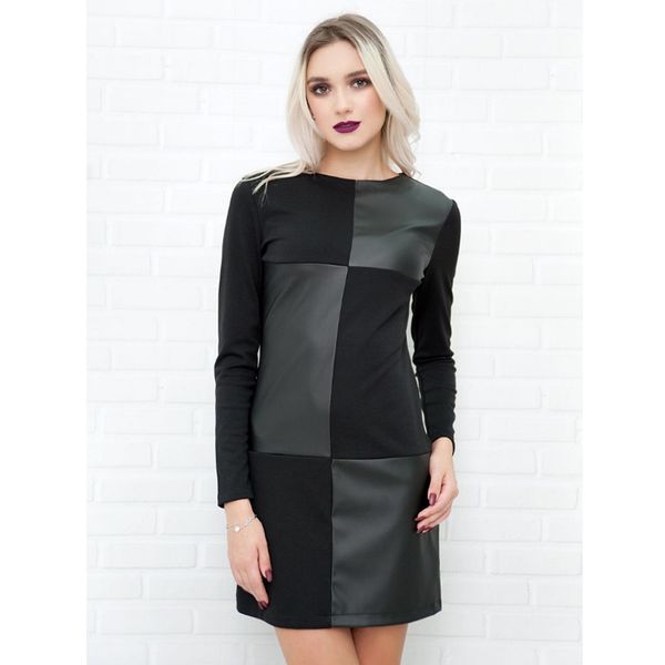 

Februaryfrost 2020 Women Vintage Leather Patchwork Office Dress Elegant Long Sleeve O Neck Solid Casual Mini Dress