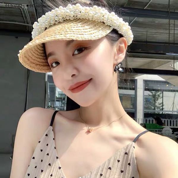 

whitney wang 2019 summer fashion designer style handmade pearls beading sun hats women stylish summer caps, Blue;gray