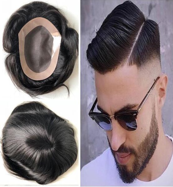 1 ADET 7X9,2 ADET 8x10 Mono Dantel Peruk Siyah Erkekler Için Peruk Mens Dantel Çoraplar Mono Ile NPU Toupee Erkekler Peruk İnsan Saç