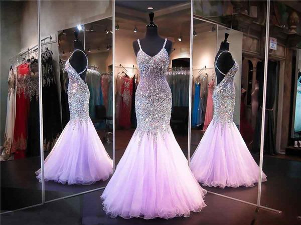 

bling lilac mermaid prom dresses spaghetti straps beads crystal tulle sleeveless criss cross strap sweep train evening wear party gowns, Black;red
