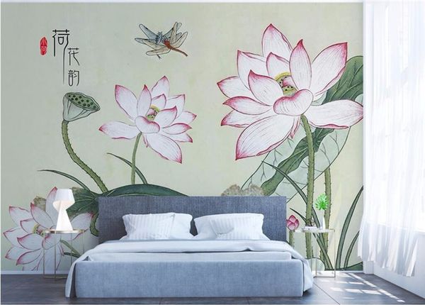 Acheter Papier Peint Personnalisé Moderne Petite Fleur De Lotus Fraîche Peint à La Main Tv Fond Mur Décoration Murale Peintures Murales 3d Papier