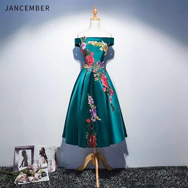 

jancember элегантные коктейльные платья атлас короткие красный зеленый вышивка зашнуровать назад длиной до колен с плеча платье коктейль, White;black