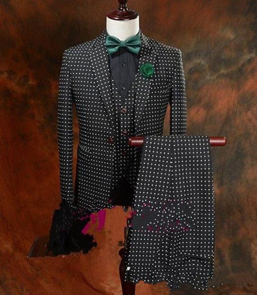 New Hot Sell Black Polka Dot Smoking dello sposo Uomo Blazer Prom Dinner Abiti da lavoro (giacca + pantaloni + papillon) XF213