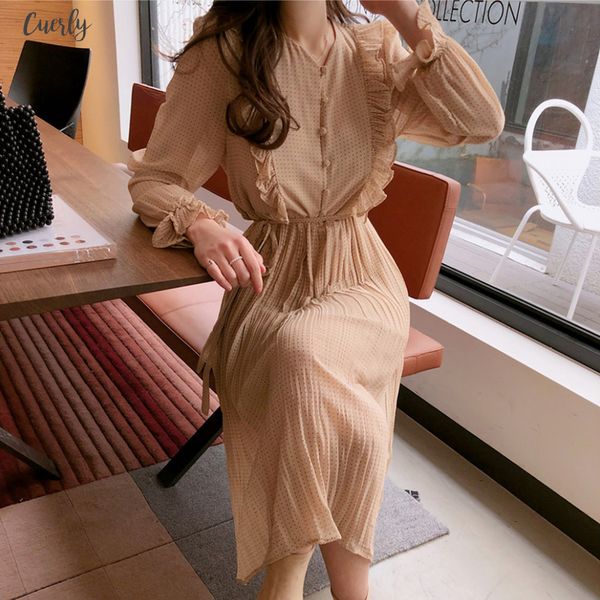

bgteever vintage o neck ruffles chiffon women dress flare sleeve polka dot lace up female dress two layers pleated vestidos, Black;gray