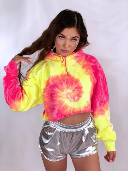 

2020 новая мода женская с капюшоном толстовки женщины короткие tie dye балахон с длинным рукавом фуфайки с шнурком повседневный стиль пулове, Black