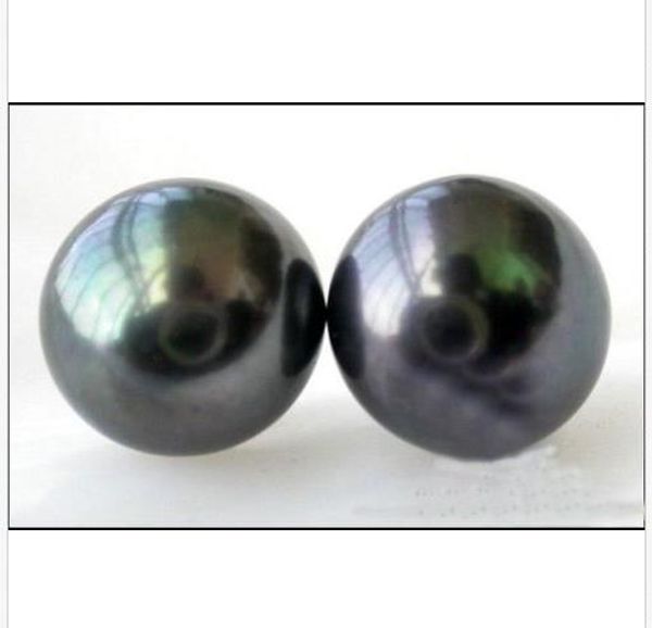 

2019 perfect 13-14mm beautiful black south sea pearl earrings 14k gold, Golden;silver