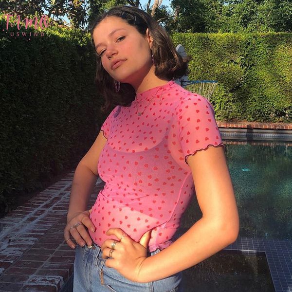 

square neck нового прибытие 2019 розового kawaii обрезанного tshirt топ сердце печати милых женщин одежда с коротким рукавом sexy mesh летне, White