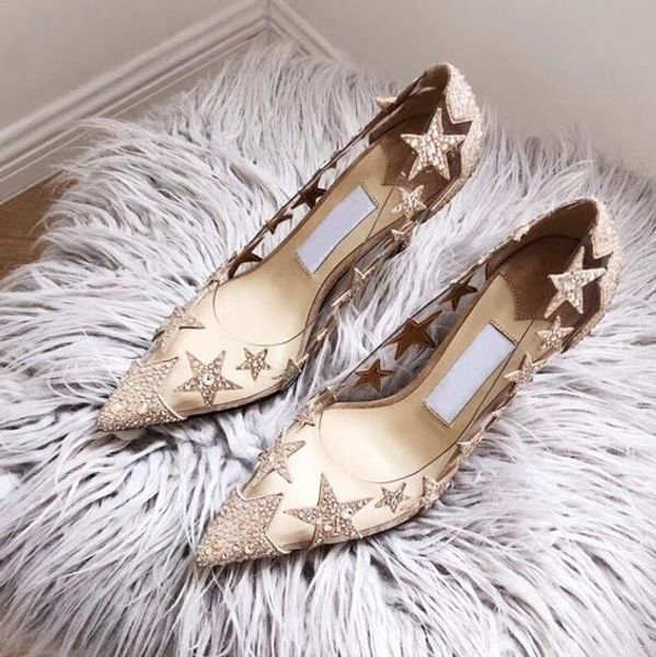

sell clear pvc rhinestone star pointy pumps transparent crystal shoes designer pumps bridal shoes, Black