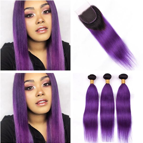 Peruvian 1b Purple Ombre Human Hair 3bundles With Closure Black