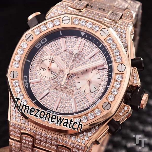 Melhor Edição Rose Gold Diamond Caso Miyota VK Quartz Cronógrafo Mens Watch Cronômetro Diamante Pulseira de Aço Inoxidável Top Relógios AE01a1