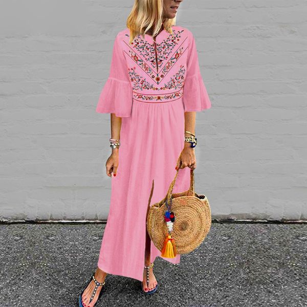 

womens clothing white dress bohemian women printd dress v neck split maxi dresses holiday casual loose white vestido plus size, Black;gray