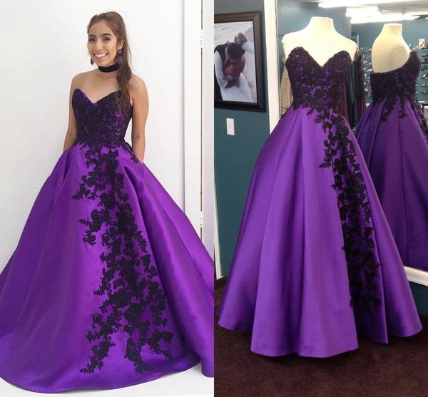 Grace Purple Satin Abiti di pizzo nero Abiti da sera 2020 Senza spalline A-line Open Back Girls Prom Dress Vestidos De Novia Damigella d'onore formale