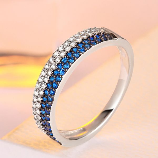 

real 925 sterling silver engagement ring for women 4 rows white and blue cz wedding rings girls party jewelry, Slivery;golden