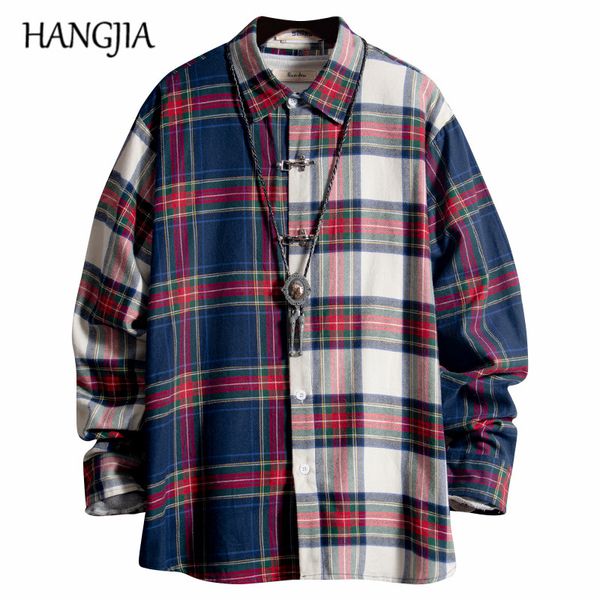 

scottish plaid shirts men women streetwear hip hop patchwork long sleeve shirts 2019 couple all-match tartan shirt for men, White;black