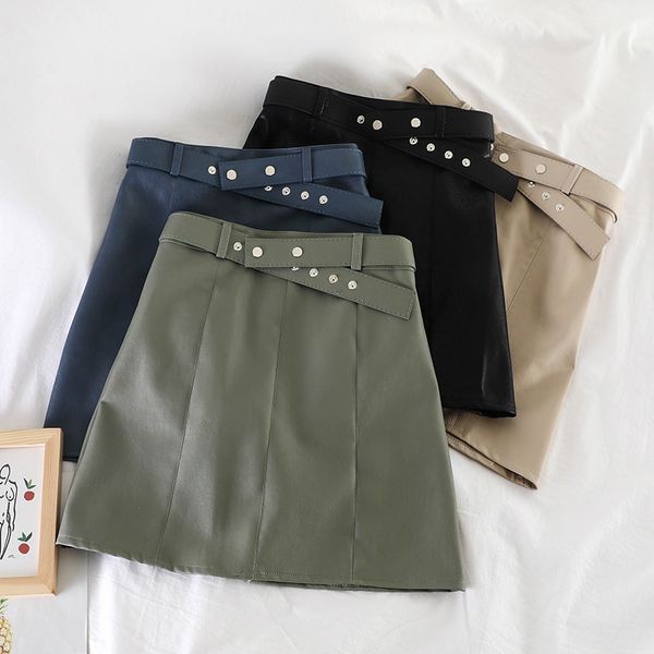 

autumn women pu leather joker sashes slimming skirt mini skirt ladies waistband above knee a-line short skirt, Black;gray