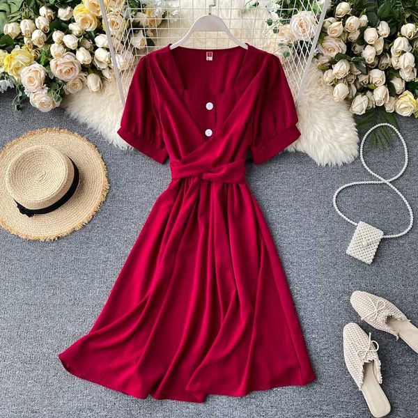 

casual dresses singrain women cross bandage midi dress 2021 buttons elegant high waist office korean fashion a-line summer, Black;gray