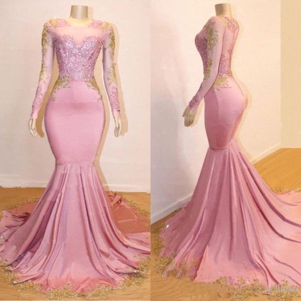 

Pink and Gold Mermaid Prom Dresses with Long Sleeve 2019 Sexy Jewel Neckline Sheer Formal Evening Gowns Cocktail Party Red Carpet Dress