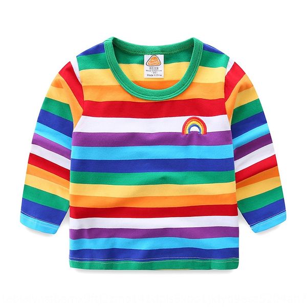 

children's rainbow t- autumn 2020 long sleeve striped boys t-shirt shirt' colorful babies' base shirt, Blue