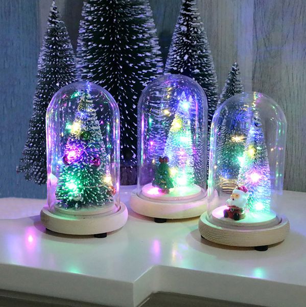 

wooden glass cover christmas tree ornaments glowing mini christmas tree 2019 home decoration xmas navidad led#25