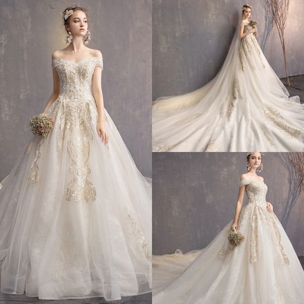 

modest yl elegant ball gown off shoulder short sleeve wedding dresses lace applique beaded crystal wedding gowns sweep train bridal gowns, White