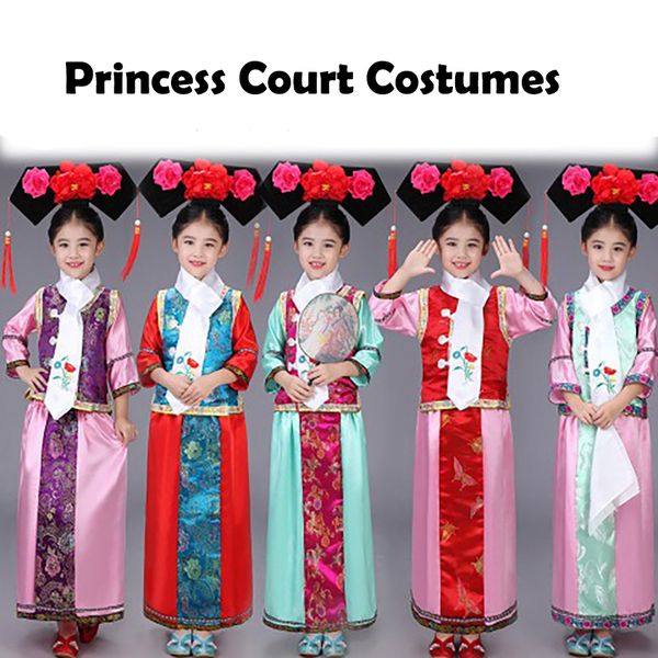 

traditional chinese costumes for kids ancient qing fair princess xiao yanzi party cheongsam floral style hanfu girl, Black;red