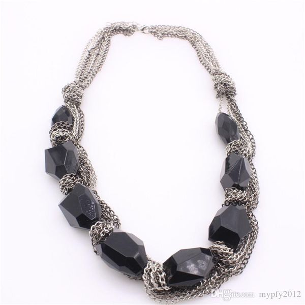 

new boho collar necklaces chunky statement chain vintage black gemstone rhinestone bib choker necklace for women pf2, Golden;silver
