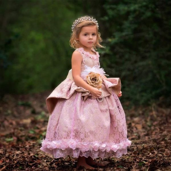 

blush princess lace girls pageant dresses appliques peplum toddler ball gown flower girl dress ankle length appliques first communion gowns, White;red