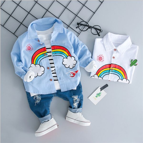 

kids clothes 2 colors shirt+jeans 2 piece sets kids designer clothes long sleeve rainbow t-shirt jeans pants jy197, White
