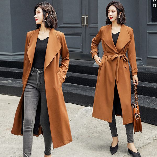 

wine red coat girls long section 2020 new korean lapel knee lace waist casual coat female spring, Tan;black