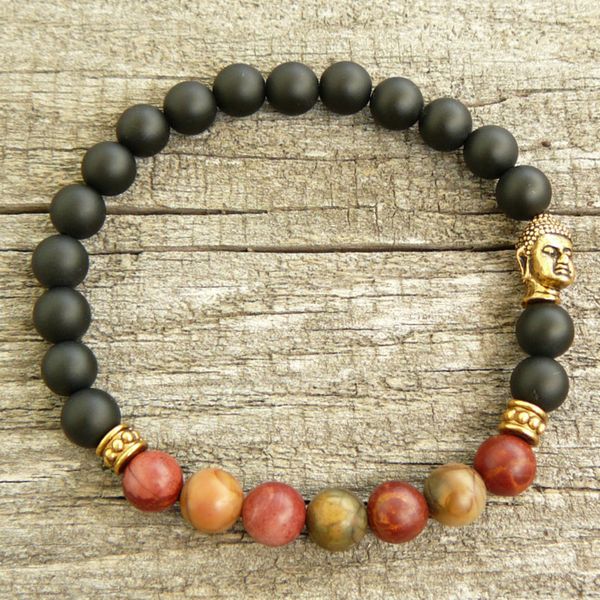 

nature stone 8mm picassojasper bracelts lucky buddha mens beaded bracelet yoga meditation bracelet stretch yoga jewelry malabead, Golden;silver