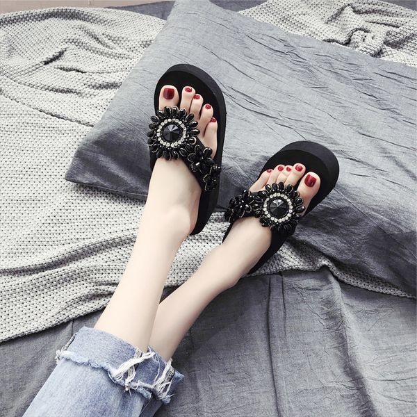 

2019 new handmade diy flower flip-flop female summer fashion sandals shoes travel beach female slipper, Black