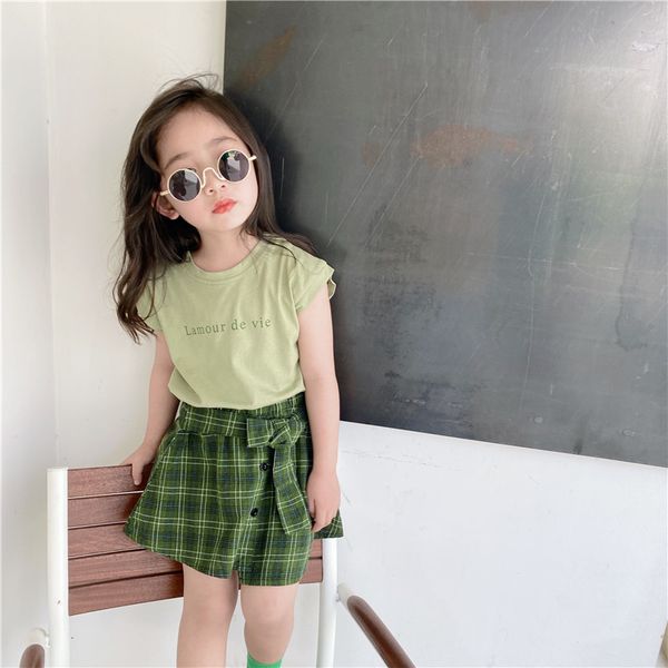 

summer new arrival korean style clothing sets short sleeve letter printed t-shirt with plaid skirt for fashion cute baby girls, White