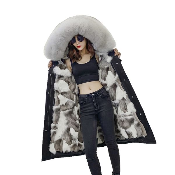 

luxury fur parka winter women coat warm long parkas real fur lining and hoody lf9036, Black