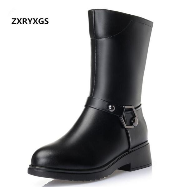 

2018 new fashion warm comfort winter boots women boots plus size black real leather snow thick heel in-tube knight