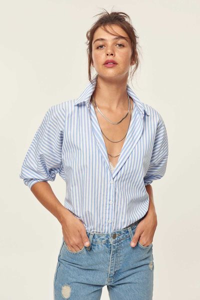 

trendyol blue striped balloon sleeve shirt tclss19xb0026; mx19070501, White