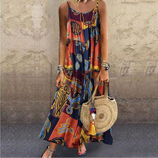 

2019 new ladies dress beach summer baggy maxi casual sleeveless sundress, Black;gray